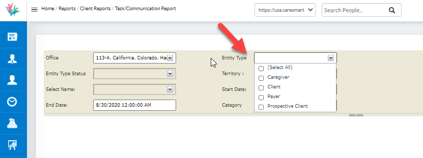 Multi-select in Entity Type drop-down for Task/Communication Report 
